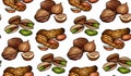 Seamless pattern with colored cartoon nuts on a white background. Peanuts, hazelnut, pistachios. Royalty Free Stock Photo